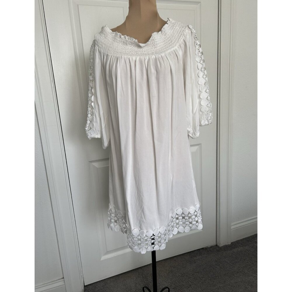 Blue Island Off The Shoulder 3/4 Sleeve Mini Lace Trim Cover-Up Dress White Sz M